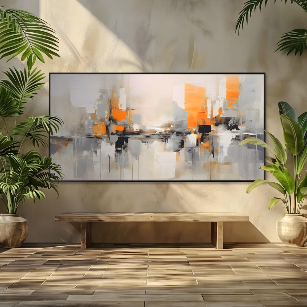 Tablou canvas cu pictura abstracta cu reflexii urbane, in rama de aluminiu negru